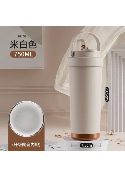 Saman ve Kadınlar Için Yüksek Değerli Büyük Kapasiteli Seramik Astar Termos Kupası, Pipetle Taşınabilir, Çift Içecek Kahve Keklik: 750ML/RENK: Açık Gri (Yurt Dışından)