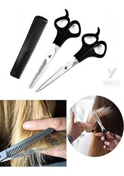Kuaför Seti Saç Kesme ve İnceltme Makası Tarak 3lü Set Siyah Renkli modelleri
