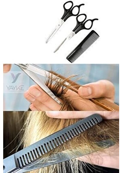 Kuaför Seti Saç Kesme ve İnceltme Makası Tarak 3lü Set Siyah Renkli fırsatları