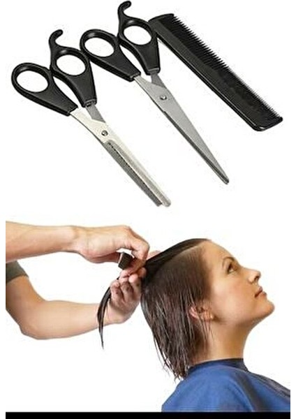 Kuaför Seti Saç Kesme Makası Ara Makas ve Tarak 3 Parça Tüm Saç Tipleri İçin