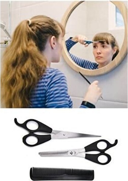 Kuaför Seti Saç Kesme Makası Ara Makas ve Tarak 3 Parça Tüm Saç Tipleri İçin