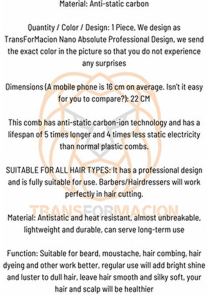 Berber Kuaför Saç Kesim Tarağı Isıya Dayanıklı Karbon 720587 Tüm Saç Tipleri İçin