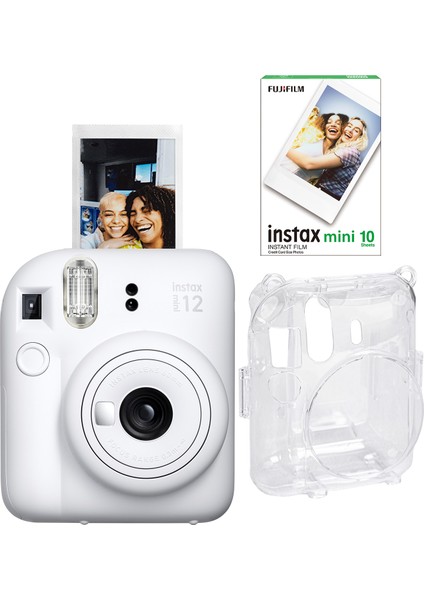 Instax Mini 12 Beyaz Fotoğraf Makinesi + 10'lu Film ve Şeffaf Kılıf Seti