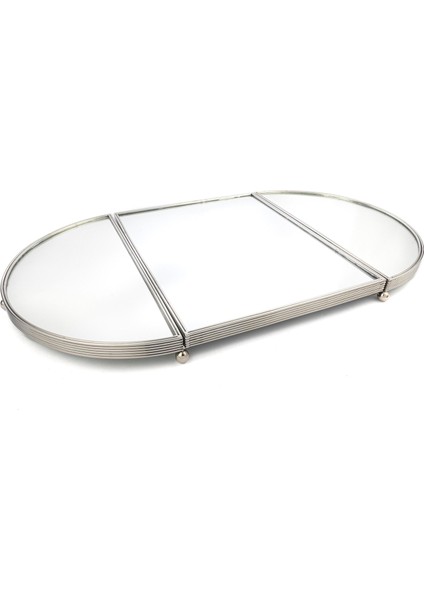 Gümüş Oval Aynalı Metal Jardinyer Tepsi 79X45 cm