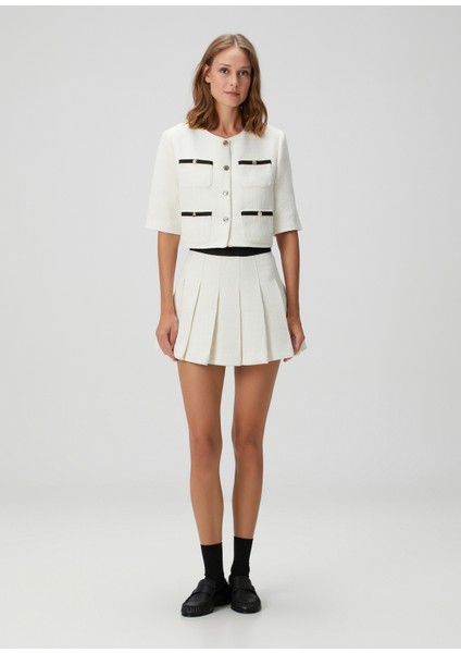 Itana Ekru Pileli Mini Etek