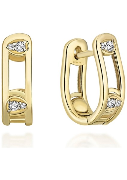 Pathra Sleek Hoop Petite Pırlanta Taşlı 14 Ayar Altın Tek Kadın Küpe