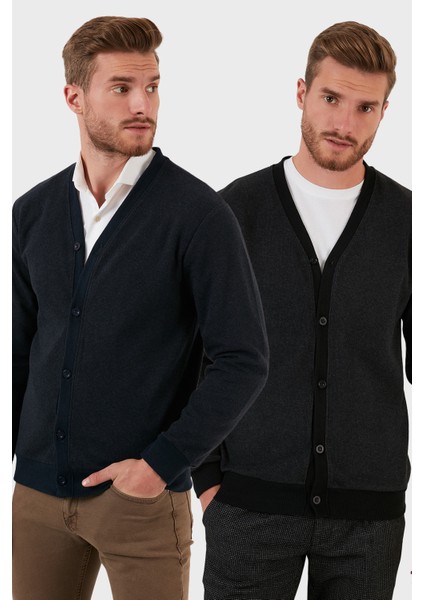Pamuklu Regular Fit Düğmeli V Yaka 2'li Paket Hırka Erkek Hırka 456205S2