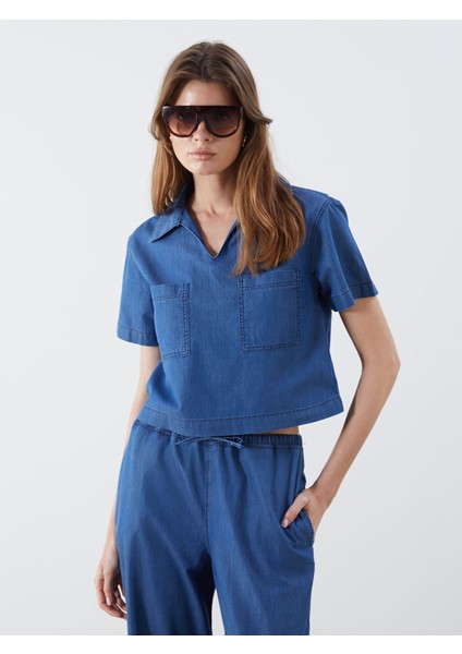 Yeni Sezon Gömlek Yaka Crop Jean Bluz
