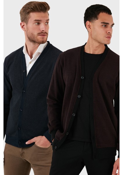 Pamuklu Regular Fit Düğmeli V Yaka 2'li Paket Hırka Erkek Hırka 456205S2