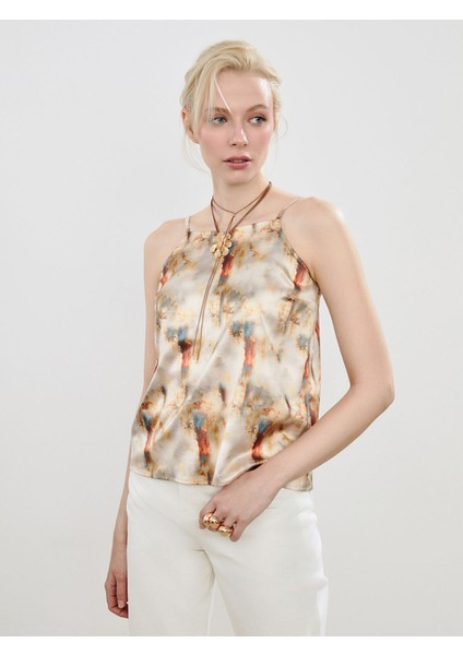 Yeni Sezon Halter Yaka Desenli Askılı Bluz