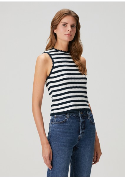 Mirtes Lacivert Beyaz Çizgili Crop Kroşe Atlet
