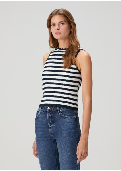 Mirtes Lacivert Beyaz Çizgili Crop Kroşe Atlet modelleri