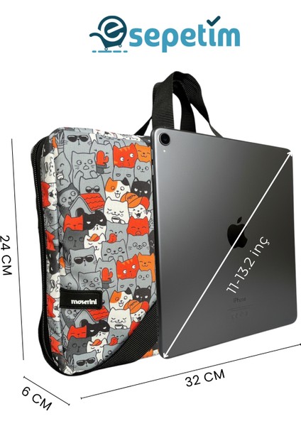Omuz Askılı, Kedi Desenli iPad Pro 6.nesil 12.9”/ 7.nesil 13”/ Air M2 ile Uyumlu 13” , Çok Bölmeli, Suya Karşı Dayanıklı Tablet Çantası - Catlantis