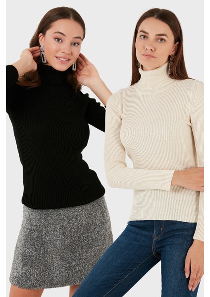 Fitilli Regular Fit Balıkçı Yaka Soft Akrilik 2'li Paket Kazak Bayan Kazak 4614102S2
