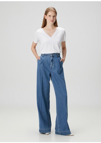 Wide Leg Mavi Pileli Jean Pantolon