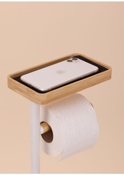 Beyaz Metal Tepsili ve Fırçalı Tuvalet Kağıdı Standı