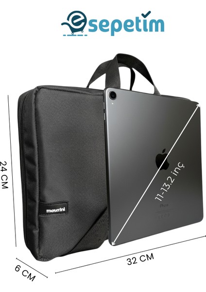 Omuz Askılı iPad Pro 6.nesil 12.9”/ 7.nesil 13”/ Air M2 ile Uyumlu 13” , Çok Bölmeli, Suya Karşı Dayanıklı Tablet Çantası - Siyah