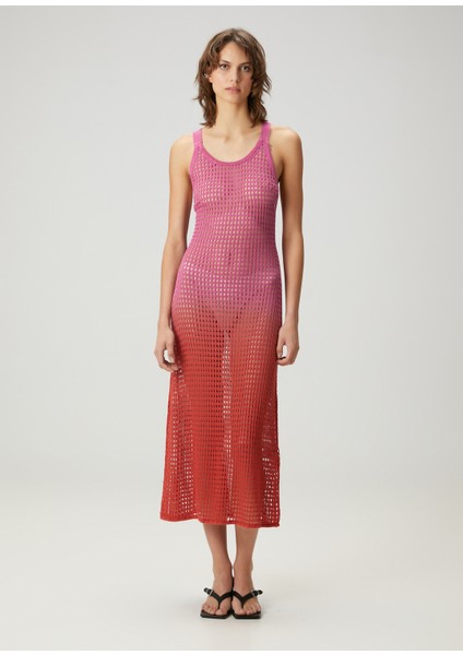 Pembe Degrade Renkli Keten Plaj Elbisesi