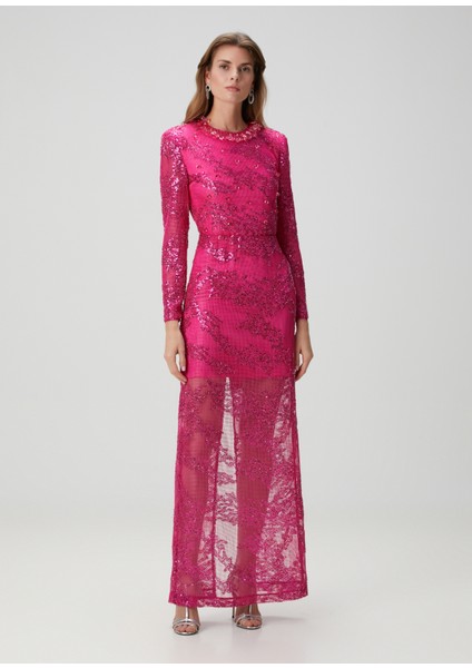 Fushia Lace File Dantel Işlemeli Kadın Uzun Abiye Elbise fiyatları