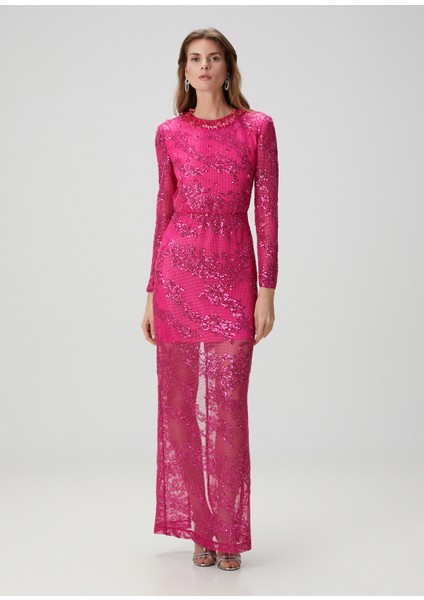 Fushia Lace File Dantel Işlemeli Kadın Uzun Abiye Elbise modelleri