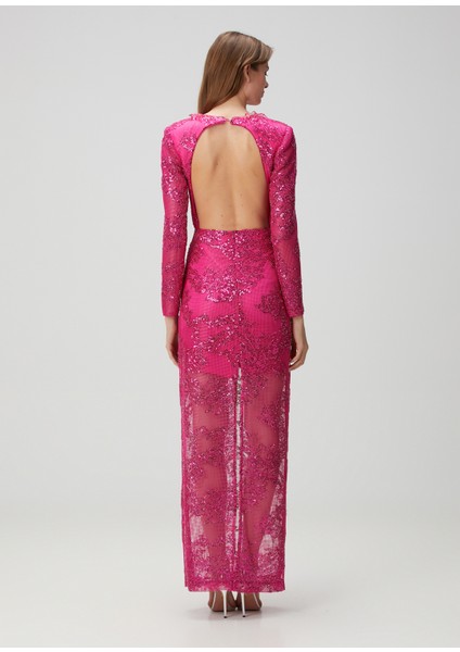 Fushia Lace File Dantel Işlemeli Kadın Uzun Abiye Elbise fırsatları