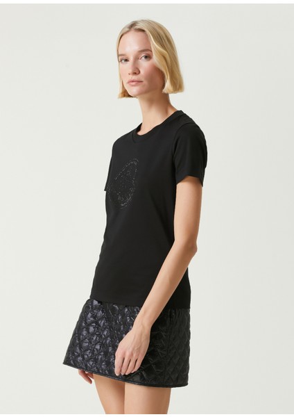 Siyah Taşlı Logolu T-Shirt