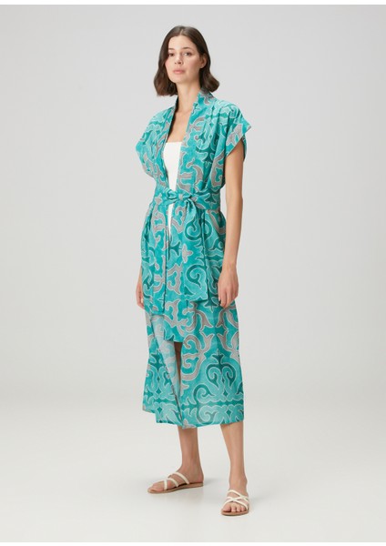 Deniz Turkuaz Desenli Kaftan