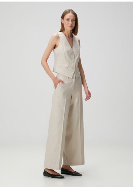 Bej Wide Leg Keten Pantolon