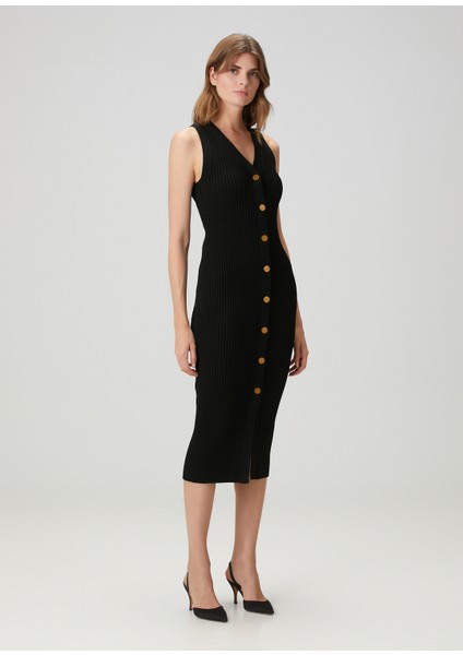 Siyah Ribli Midi Elbise