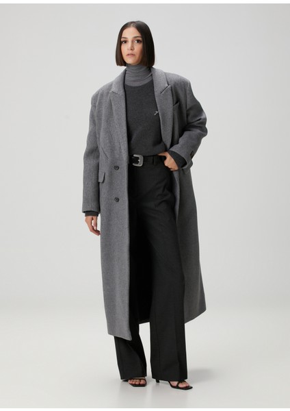 Oversized Gri Kruvaze Yün Palto