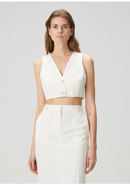 Ekru Yelek Formlu Keten Karışımlı Cropped Bluz modelleri
