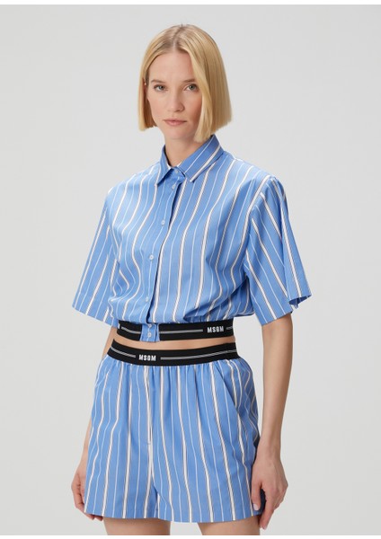 Mavi Çizgili Crop Poplin Gömlek