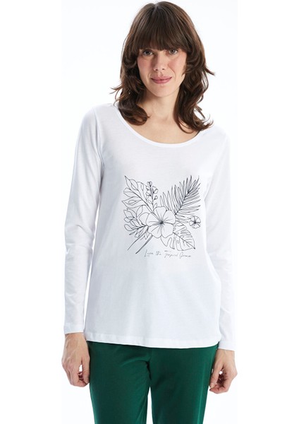 Yeni Sezon Bisiklet Yaka Baskılı Kadın Pijama Takımı