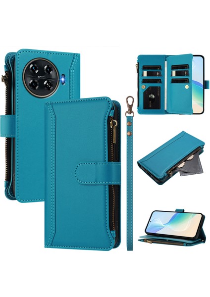 Tecno Spark 20 Pro+ Için Laimtop Kılıfı, Kart Tutuculu Fermuarlı Cüzdanlı Deri Kapaklı Kılıf-Göl Mavi (Yurt Dışından)