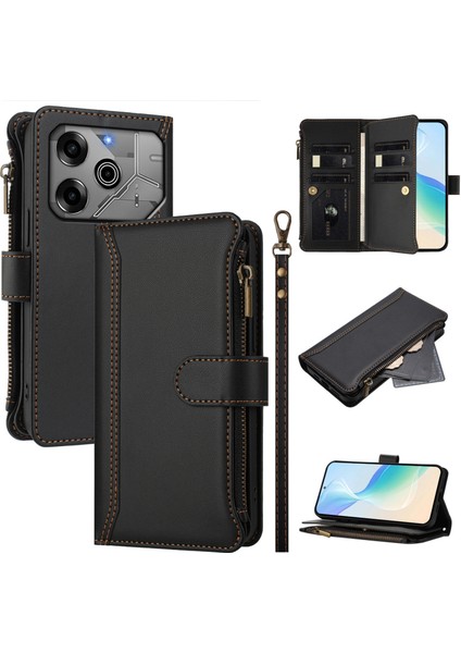 Tecno Spark 6 Go/spark Go 2020/SPARK Go 2021 Için Laimtop Kılıfı, Kart Tutuculu Fermuarlı Cüzdanlı Deri Kapaklı Kılıf-Siyah (Yurt Dışından)