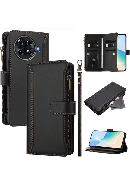 Tecno Spark 20 Pro+ Için Laimtop Kılıfı, Kart Tutuculu Fermuarlı Cüzdanlı Deri Kapaklı Kılıf-Siyah (Yurt Dışından)