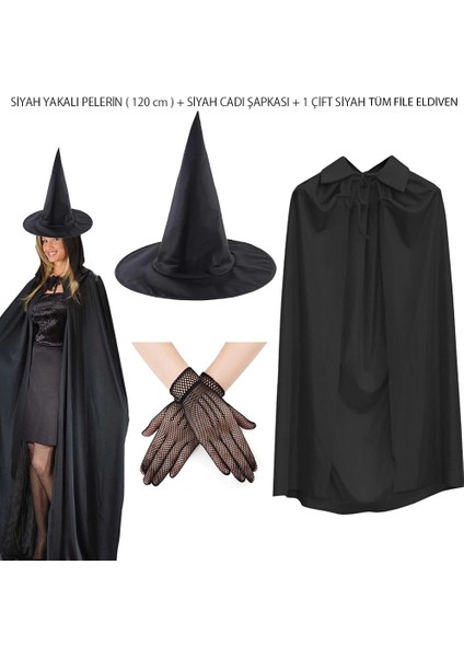 120 cm Siyah Yakalı Cadı Pelerini Cadı Şapkası ve 1 Çift Siyah Kısa File Tüm Eldiven Seti 3 Parça - Lisinya