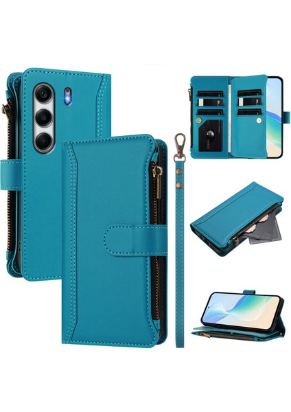 Tecno Camon 40 Için Laimtop Kılıfı, Kart Tutuculu Fermuarlı Cüzdanlı Deri Kapaklı Kılıf-Göl Mavi (Yurt Dışından)