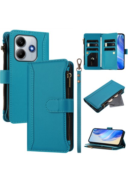 Xiaomi Redmi Note 14 5g/poco M7 Pro 5g Için Laimtop Kılıfı, Kart Tutuculu Fermuarlı Cüzdanlı Deri Kapaklı Kılıf-Göl Mavi (Yurt Dışından)