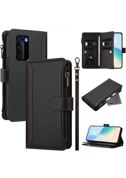 Huawei P40 Pro Için Laimtop Kılıfı, Kart Tutuculu Fermuarlı Cüzdanlı Deri Kapaklı Kılıf-Siyah (Yurt Dışından)