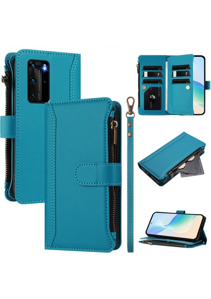 Huawei P40 Pro Için Laimtop Kılıfı, Kart Tutuculu Fermuarlı Cüzdanlı Deri Kapaklı Kılıf-Göl Mavi (Yurt Dışından)