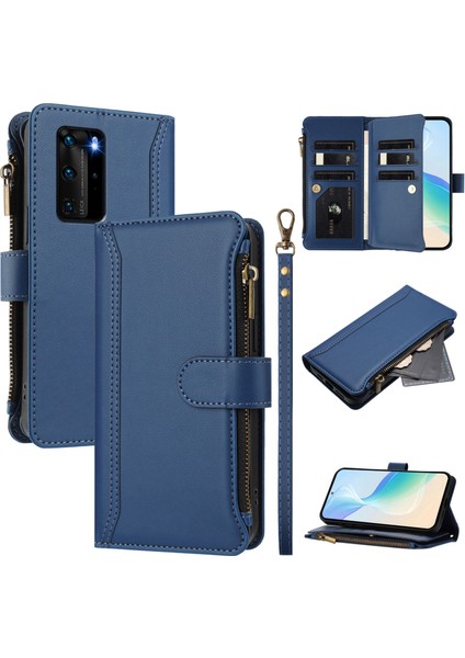 Huawei P40 Pro Için Laimtop Kılıfı, Kart Tutuculu Fermuarlı Cüzdanlı Deri Kapaklı Kılıf-Mavi (Yurt Dışından)