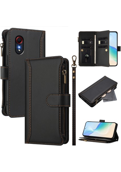 Samsung Galaxy Xcover 5 Için Laimtop Kılıfı, Kart Tutuculu Fermuarlı Cüzdanlı Deri Kapaklı Kılıf-Siyah (Yurt Dışından)