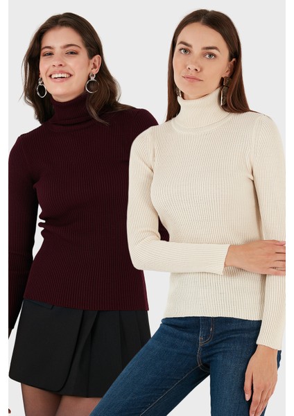 Fitilli Regular Fit Balıkçı Yaka Soft Akrilik 2'li Paket Kazak Bayan Kazak 4614102S2