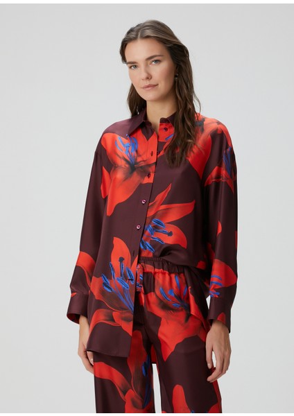 Oversize Bordo Çiçekli Ipek Gömlek