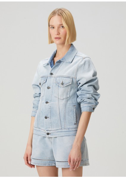 Mavi Nakışlı Denim Ceket