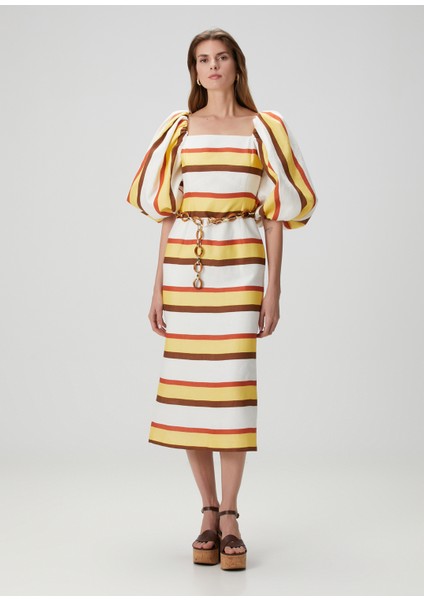 Resort Striped Çizgili Balon Kollu Kadın Midi Boy Elbise