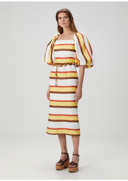 Resort Striped Çizgili Balon Kollu Kadın Midi Boy Elbise fiyatları