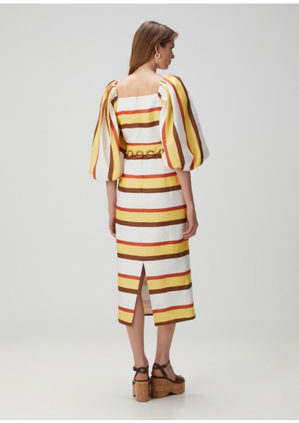 Resort Striped Çizgili Balon Kollu Kadın Midi Boy Elbise fırsatları
