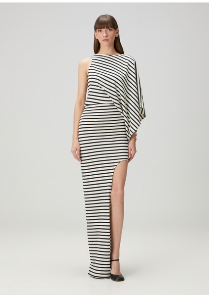 Lacivert Ekru Maksi Organik Pamuk Jersey Elbise